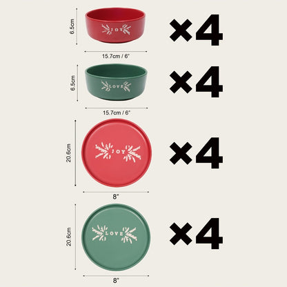 Dinnerware Set Options for Four with Round Plates, Bowls and Cups in Black, Red, Blue, Green or Floral Designs