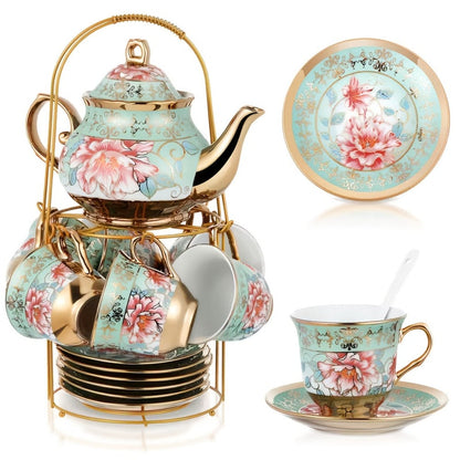 20-Piece Floral Ceramic Tea Set with Saucers & Metal Stand, European Afternoon Tea Service, Blooming Design