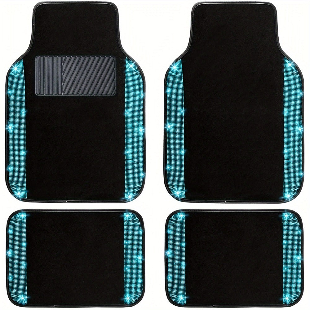 Rhinestone-Border Car Floor Mats, Four-Piece Black Carpet Set with Seven Accent Color Options