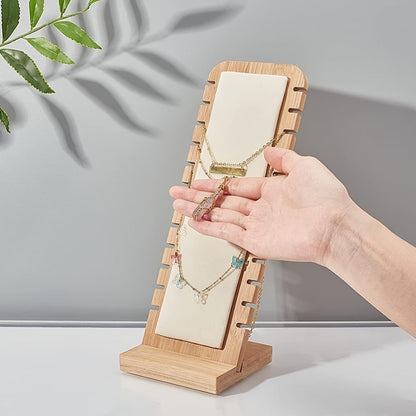 Bamboo Jewelry Necklace Display Stand 2 Pack - Multi-Hook Necklace Holder Tower, Tabletop Showcase Organizer for Retail Store
