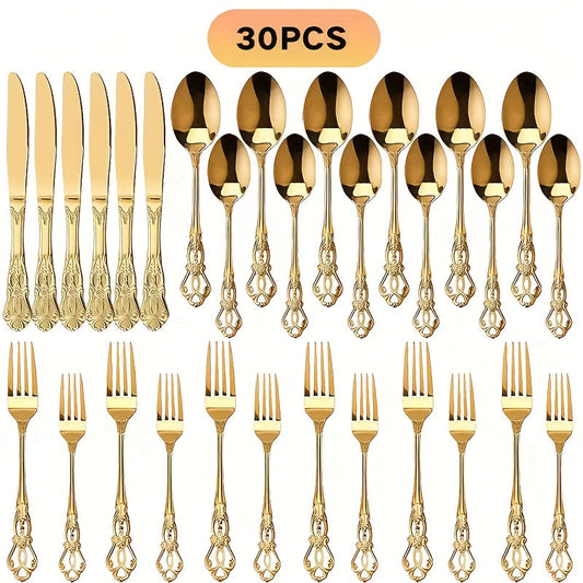 Stainless Steel Flatware Set – Vintage Royal Golden & Silver Silverware Set for 6, Rust-Resistant Dishwasher Safe Cutlery with Forks