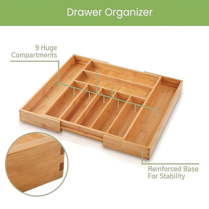 Bamboo Drawer Organizer Expandable Adjustable 9-Compartment Silverware Tray Cutlery Utensil Holder for Kitchen Drawer Office Desk Bedroom