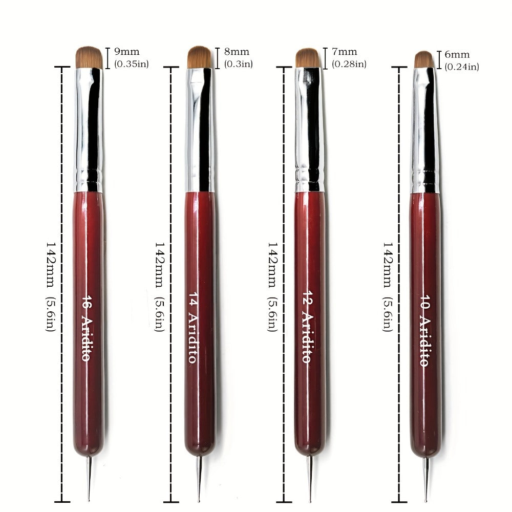 Acrylic Nail Art Brushes Set 4pcs with Dotting Pens – Red Wood Handle Precision Tips #10 #12 #14 #16 for French Manicure Nail Sculpting