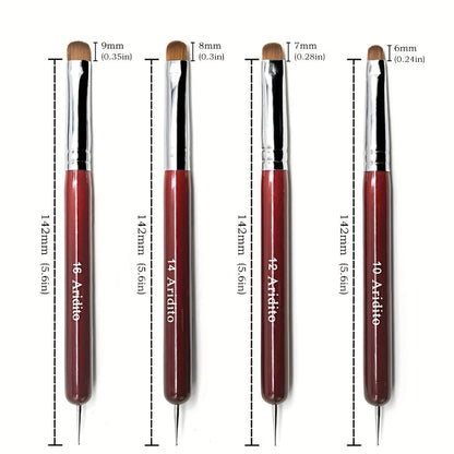 Acrylic Nail Art Brushes Set 4pcs with Dotting Pens – Red Wood Handle Precision Tips #10 #12 #14 #16 for French Manicure Nail Sculpting
