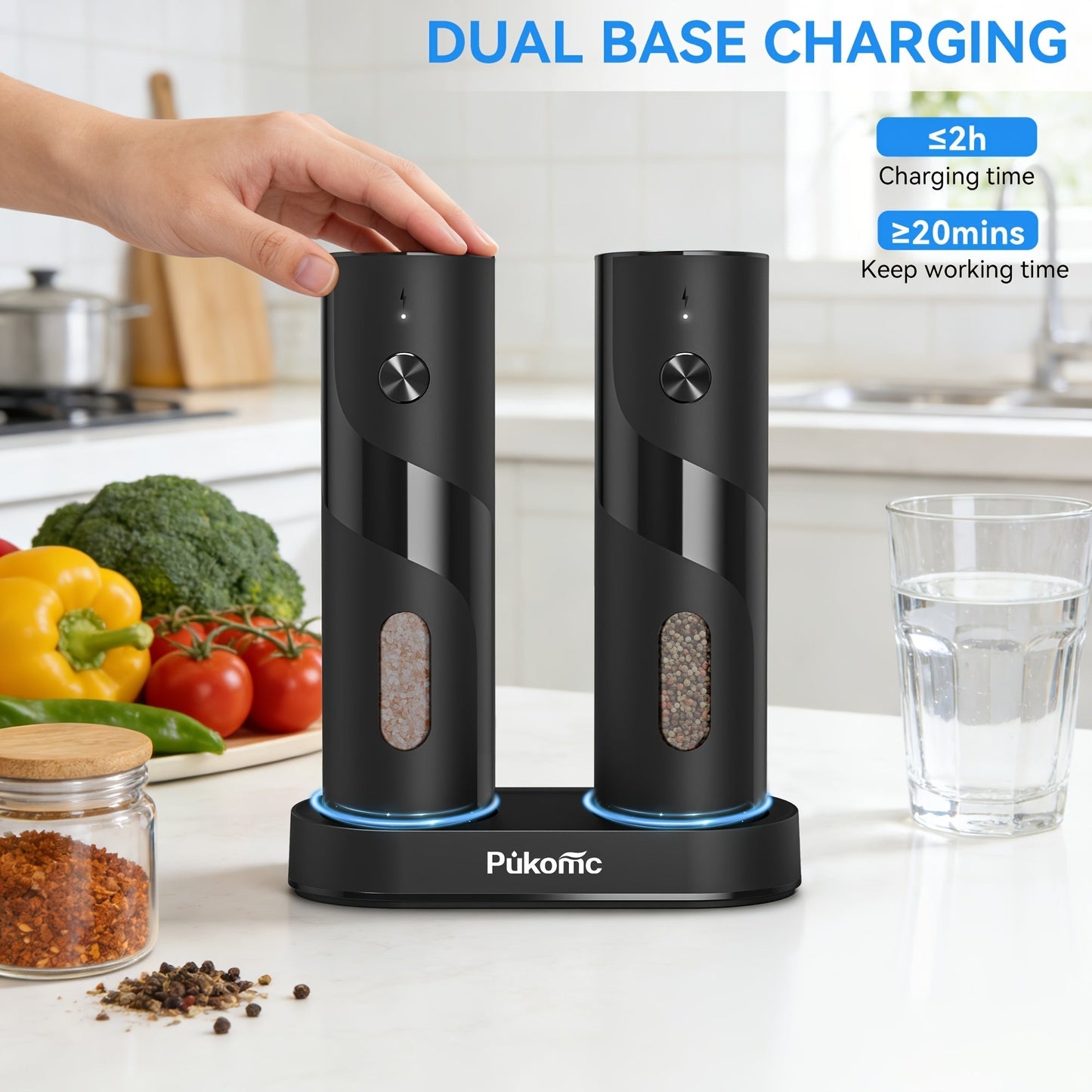 Electric Pepper Grinder Set of 2, Rechargeable with Charging Base, 6 Adjustable Coarseness Settings