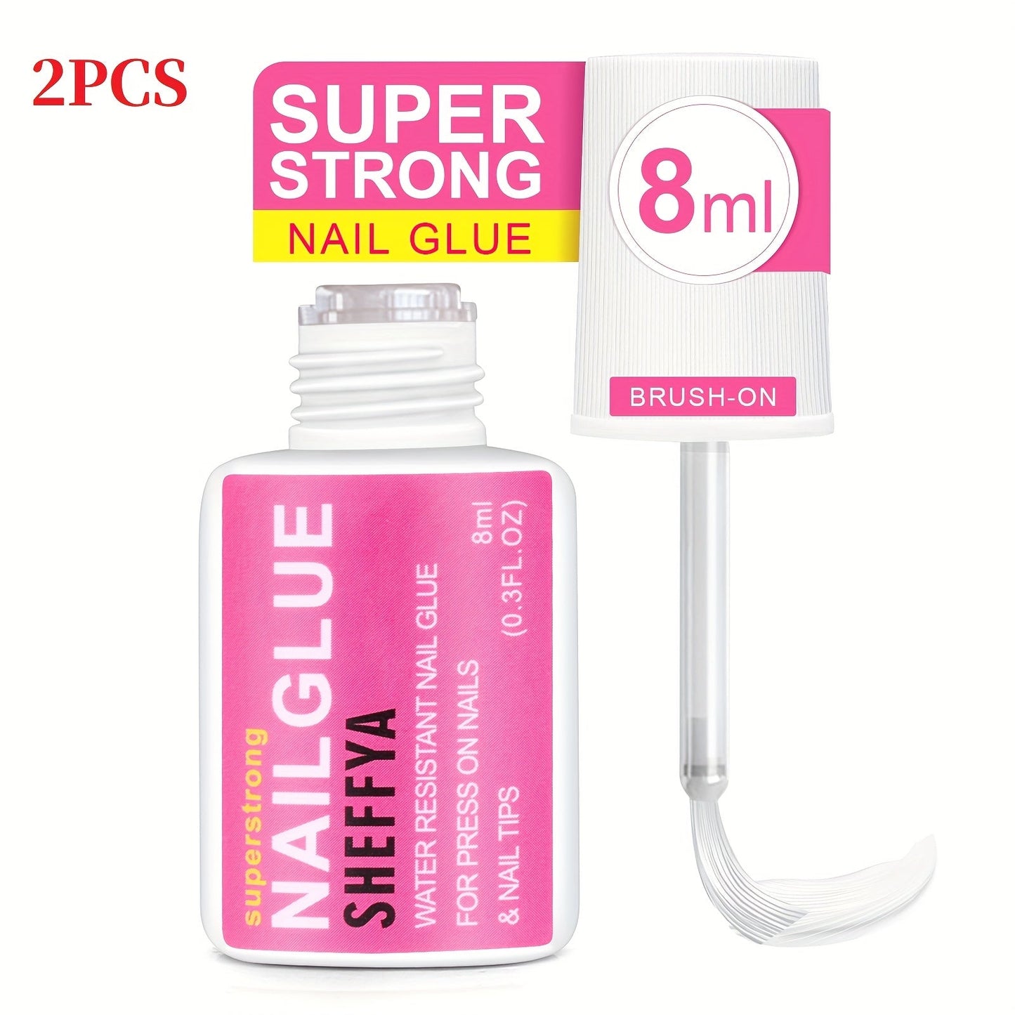 Nail Glue Set, 8ml Brush-On Bottles in 2-, 5- or 10-Piece Options with SHEFFYA Package and EMNAGLUE Bottle Markings