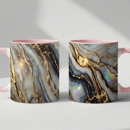 11oz Ceramic Coffee Mug with Agate Vein Print, Black Interior and Black, White or Pink Handle Options
