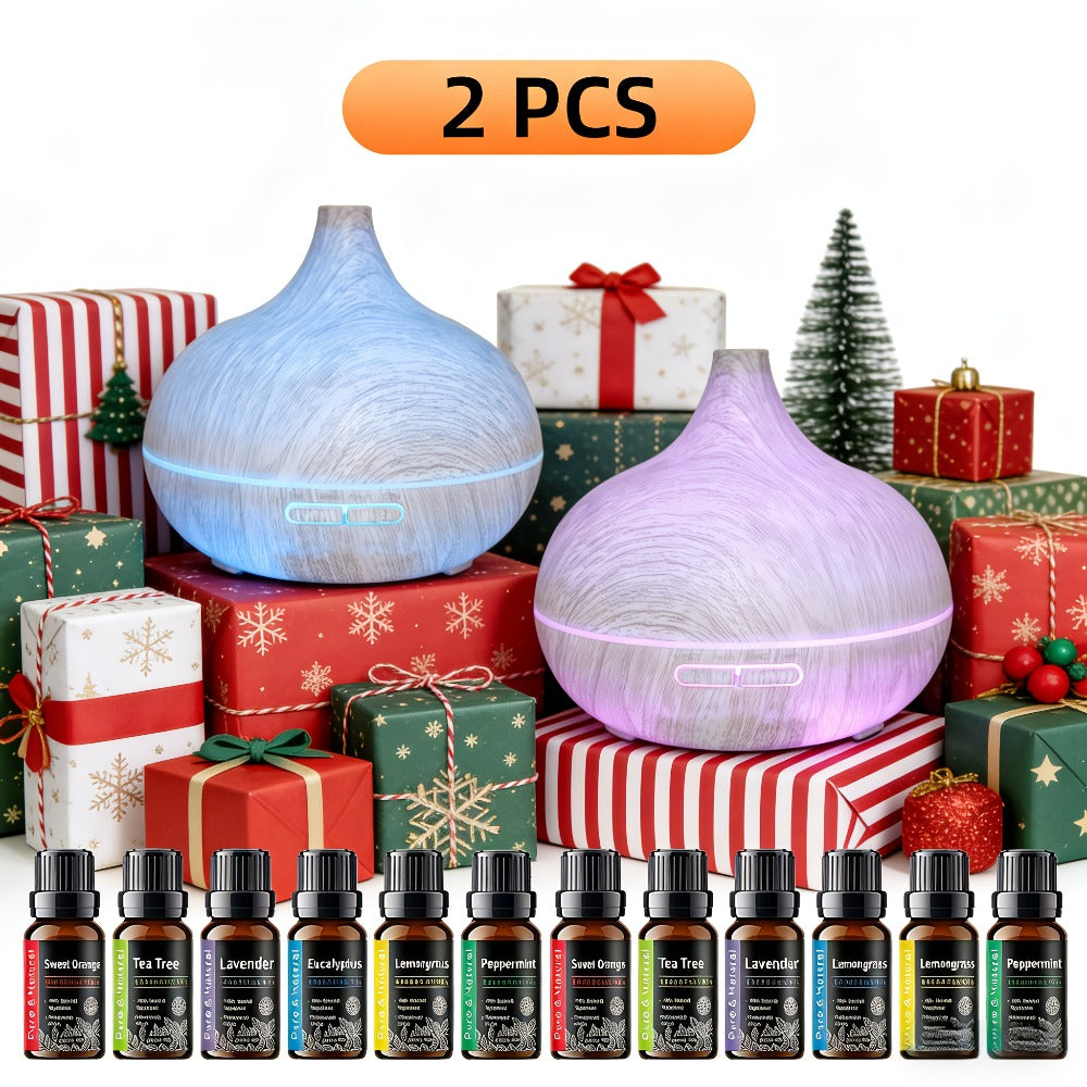 Aroma Diffuser Set 2 Diffusers 6 Essential Oils 550ml Wood Grain Cool Mist Humidifier for Entryways, Bedrooms and Living Spaces