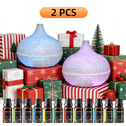 Aroma Diffuser Set 2 Diffusers 6 Essential Oils 550ml Wood Grain Cool Mist Humidifier for Entryways, Bedrooms and Living Spaces