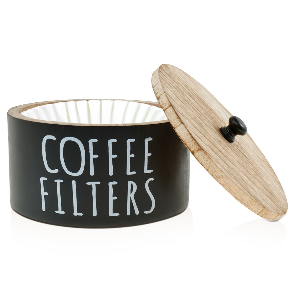 Wooden Coffee Filter Holder with Lid – Large Capacity Rustic Round Organizer Dispenser for Coffee Filters & Tea Bags, Bamboo Lid