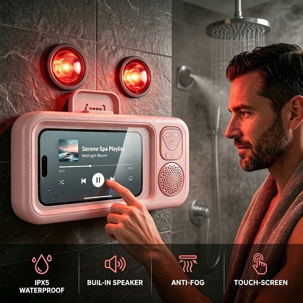 Shower Phone Holder with Bluetooth Speaker Built-In, 360-Degree Rotation Mount, Universal Fit for All Phones