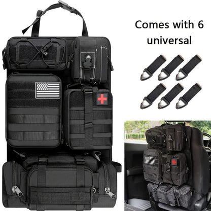 Black MOLLE-Style Seatback Car Organizer Panel with Five Detachable Pouches and Six Keychains