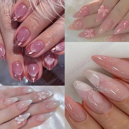 Press On Nails 96-Piece Almond Four-Pack Ice Pink Gradient Flower Butterfly Glossy Full-Cover Set