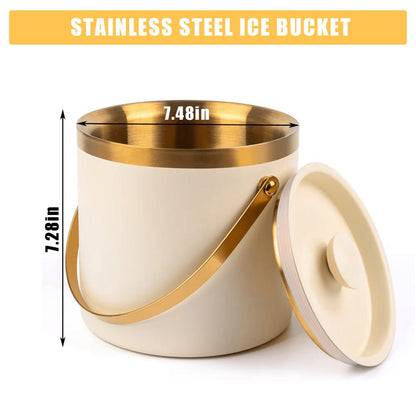 Stainless Steel Ice Bucket with Lid 44oz, 3-Layer Vacuum Insulated Large Ice Bucket with Ice Spoon & Drain