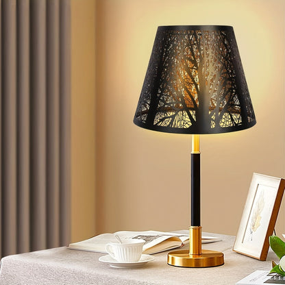 Metal Lampshade Etched Forest & Leaf Design | Black Exterior Gold Interior | Barrel Lamp Shade for Table Lamp & Floor Lamp |
