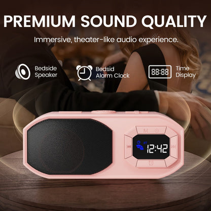 Bluetooth Speaker with Digital Alarm Clock, Fixed-Time Alarm, HD Sound, TWS Stereo Pairing, USB TF Card AUX Input
