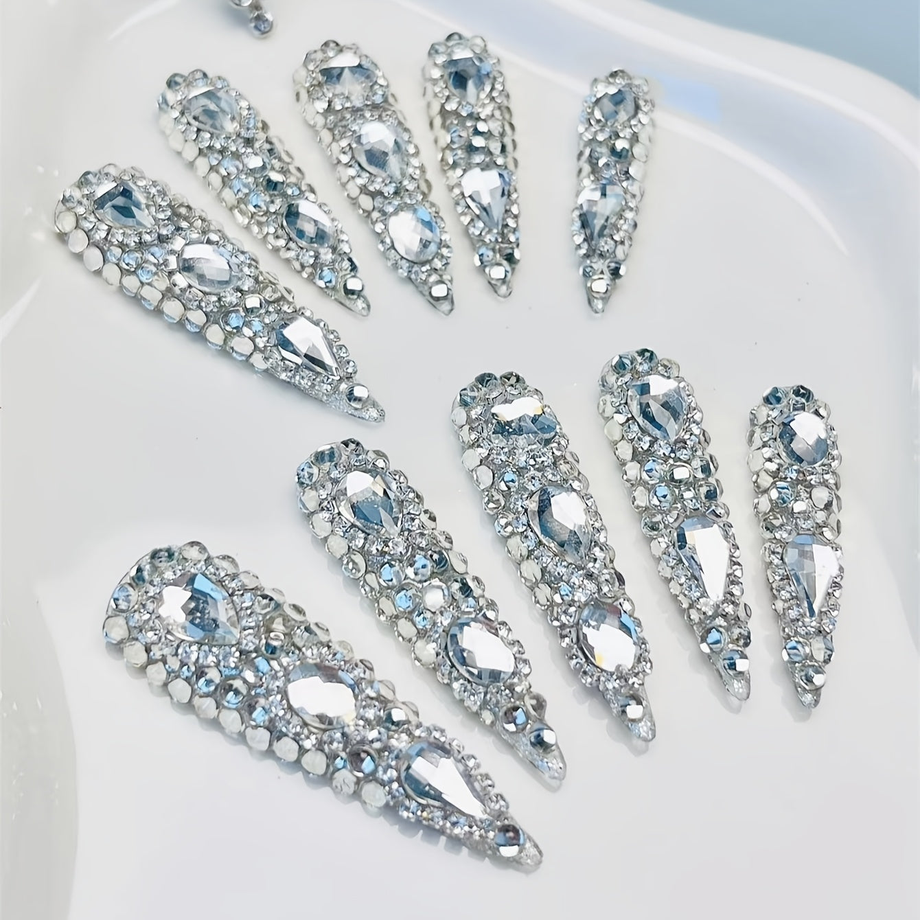 Press On Nails 10-Piece Extra-Long Pointed Almond Set with Silvery Rhinestones, Charms and Adhesive Stickers