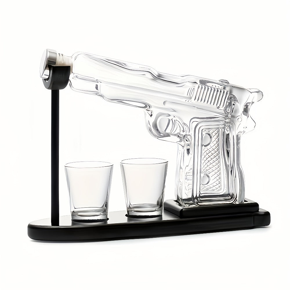 Whiskey Gun Decanter Set 10oz with 2 Bullet Shot Glasses & Wooden Stand, Handgun Shaped Liquor Decanter for Home Bar