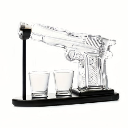 Whiskey Gun Decanter Set 10oz with 2 Bullet Shot Glasses & Wooden Stand, Handgun Shaped Liquor Decanter for Home Bar