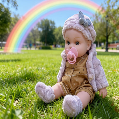 Pink Baby Doll with Open-Eye Face, Pacifier and Textured Outfit Across Three Checkout Style Labels