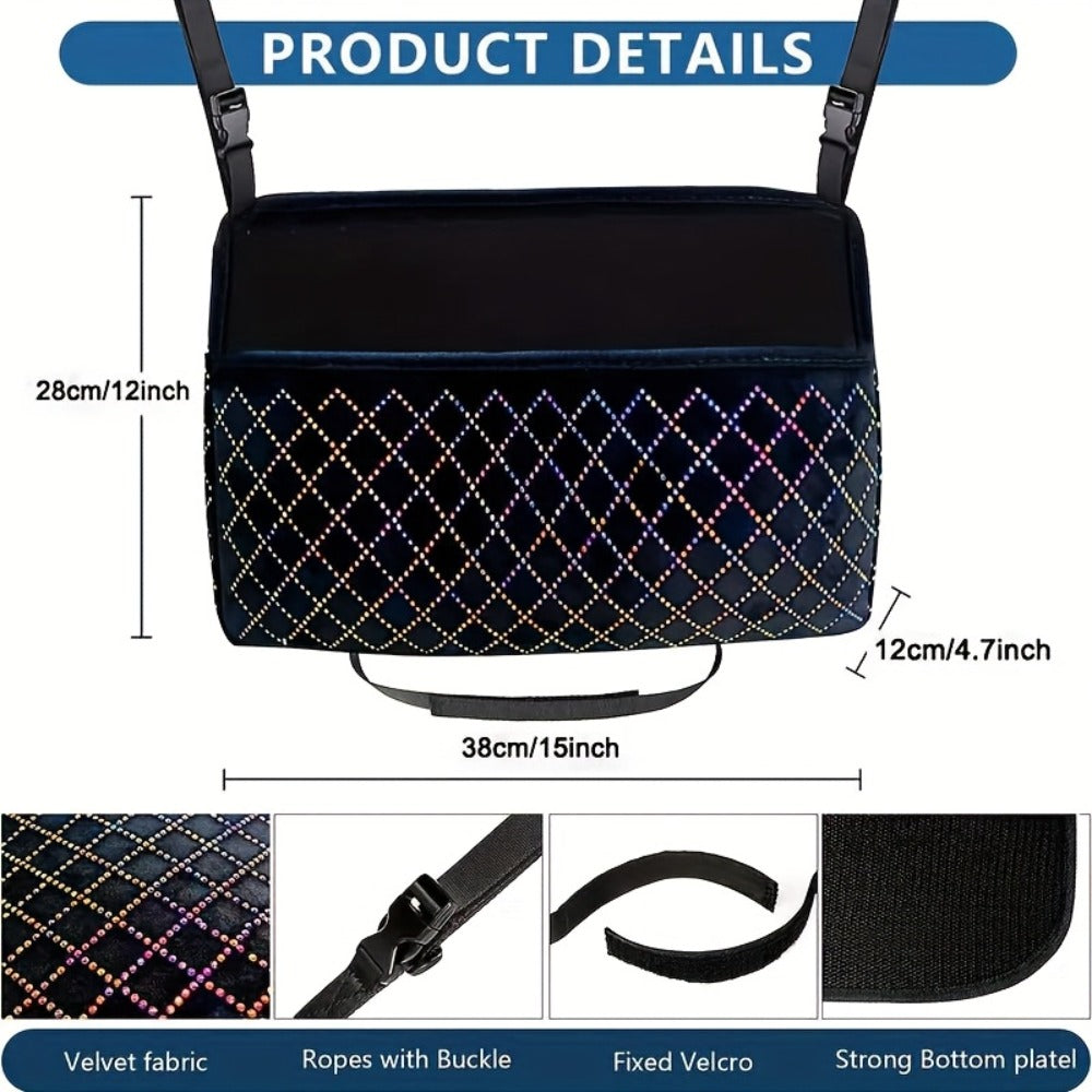 Rhinestone Car Seat Back Purse Holder and Mesh Barrier in Six Crystal Color Checkouts for Cars and SUVs