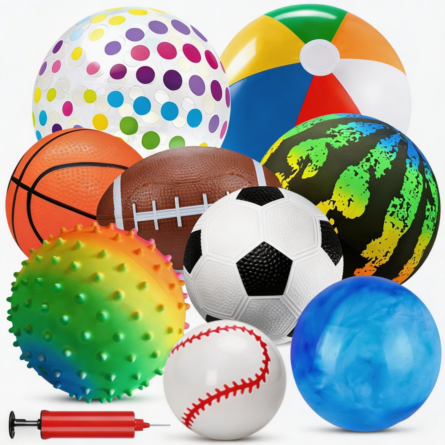Kids Playground Balls Set 9 Pack with Air Pump – Inflatable Assorted Sports Balls for Outdoor & Indoor Play | Soccer, Basketball, Football
