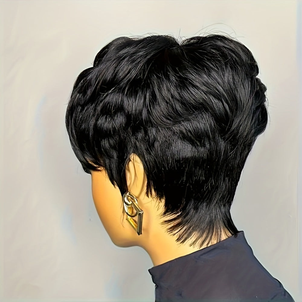 Straight Pixie Human Hair Wig with Bangs, Black 6-Inch Length and Approximately 22.5-Inch Cap