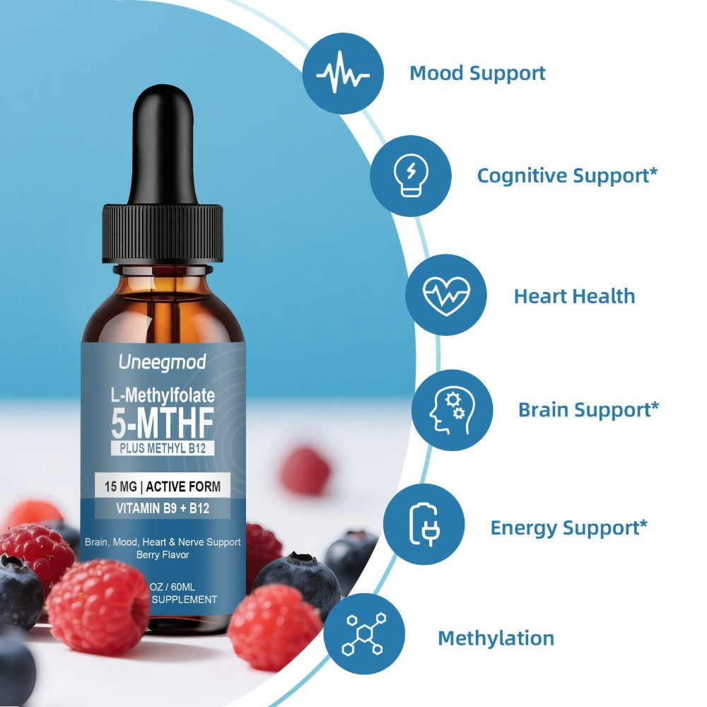 L-Methylfolate 15mg Liquid Drops 2fl oz with Methylated B12, Active 5-MTHF for Brain, Heart & Nervous System Health