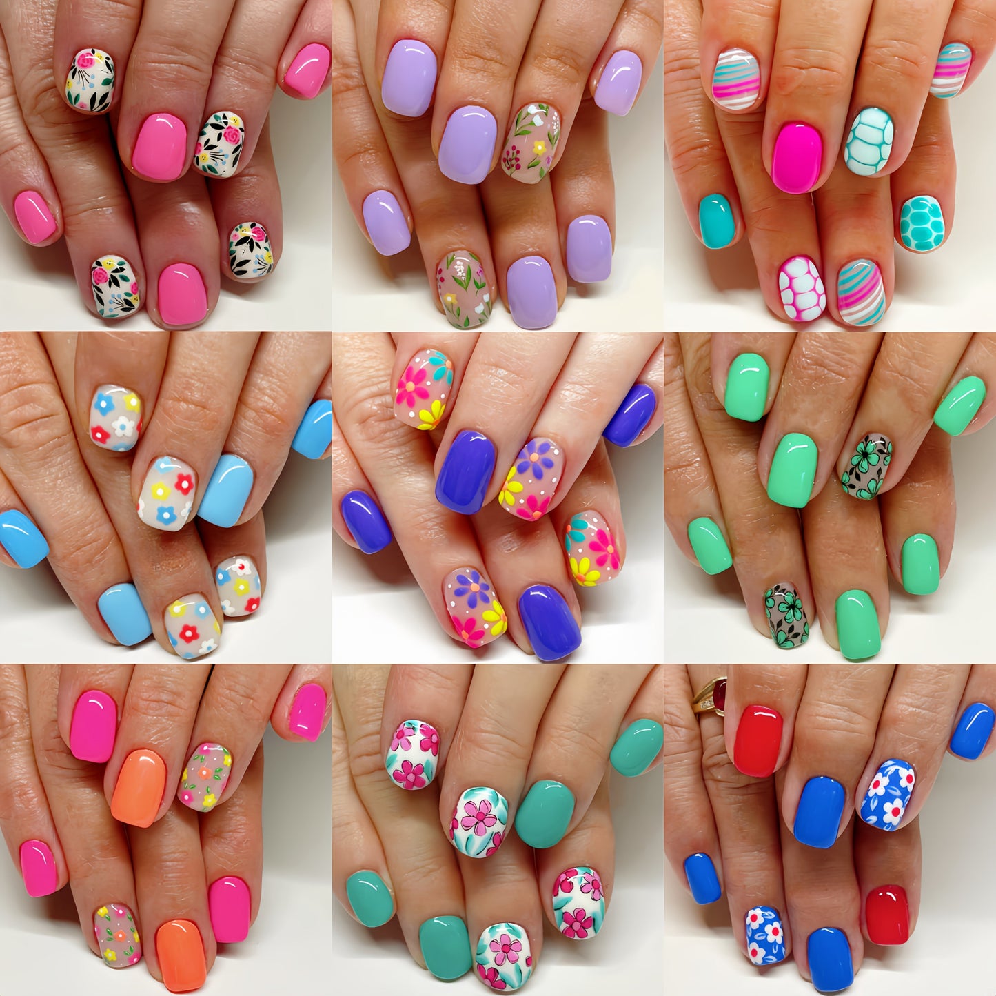 Press On Nails 216-Piece Short Full-Cover Set with Floral, Plant and Flower Designs for Spring and Summer