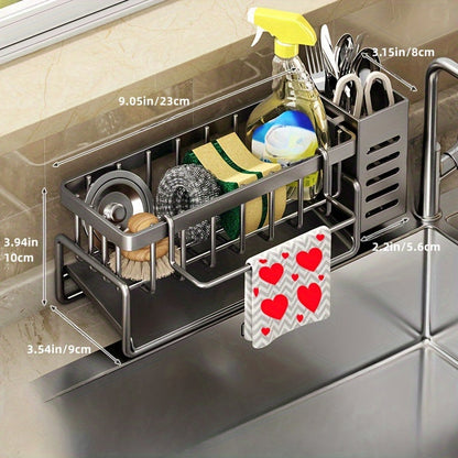 Kitchen Sink Organizer Sponge Holder with Self-Draining Tray Removable Rag Rod Carbon Steel for Home Cooking, Dining and Outdoor Meals