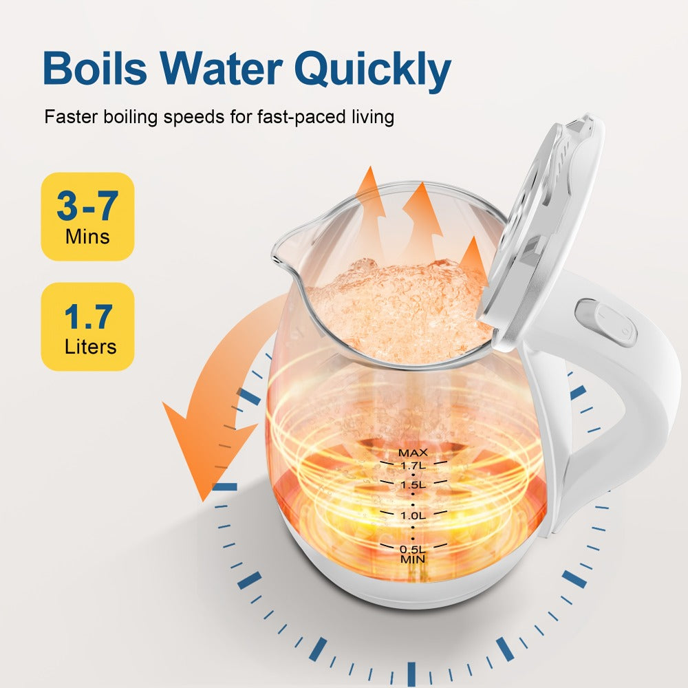 Electric Kettle 1.7L 1200W Borosilicate Glass with Blue LED, Auto Shut-Off and Cordless Base
