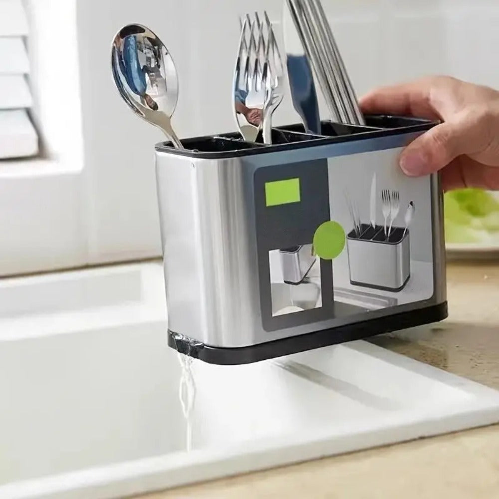 Utensil Holder Stainless Steel Cutlery Organizer 4-Compartment Countertop Caddy Anti-Slip for Home Cooking, Dining and Outdoor Meals