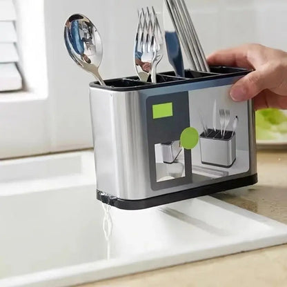 Utensil Holder Stainless Steel Cutlery Organizer 4-Compartment Countertop Caddy Anti-Slip for Home Cooking, Dining and Outdoor Meals