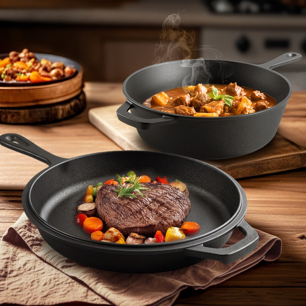 2-in-1 Cast Iron Dutch Oven with 26cm Deep Pot and Long-Handle Skillet Lid for Stovetop, Oven or Campfire