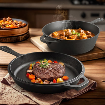 2-in-1 Cast Iron Dutch Oven with 26cm Deep Pot and Long-Handle Skillet Lid for Stovetop, Oven or Campfire