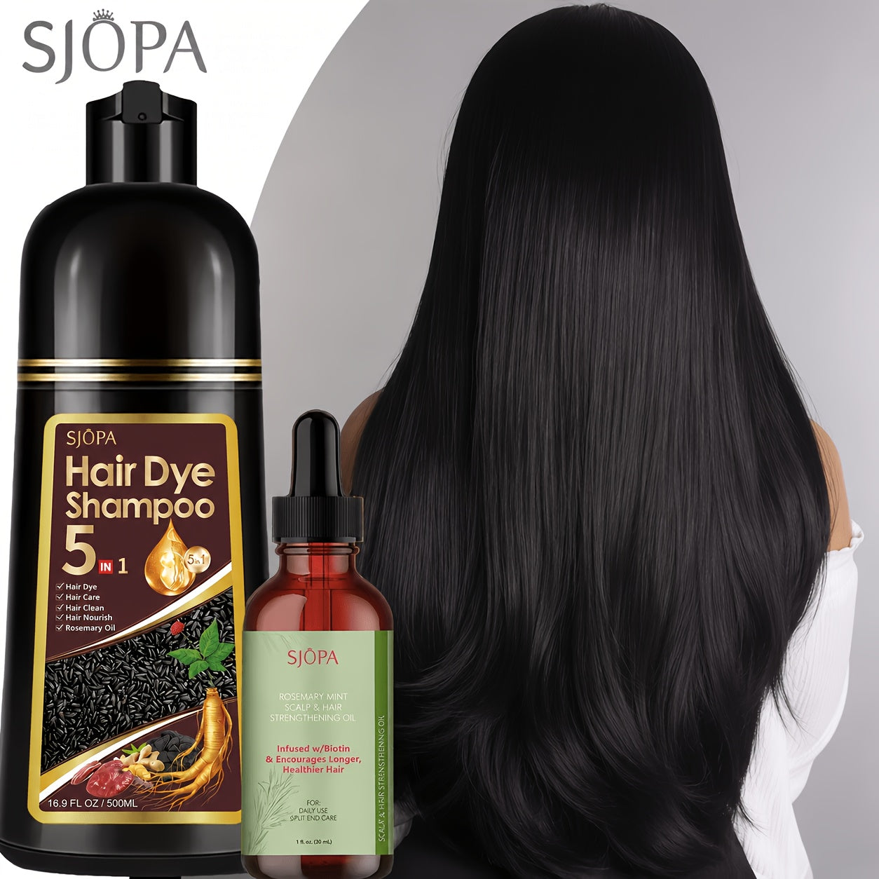 Rosemary Oil Hair Coloring Shampoo 5-in-1 Herbal Formula 500ml - 100% Gray Coverage for Bath Time, Home Spa and Personal Care