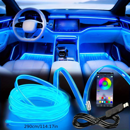 Car Interior Ambient Lighting Kit with Four Checkout Configurations, App-Button Control and Fiber-Style Strips