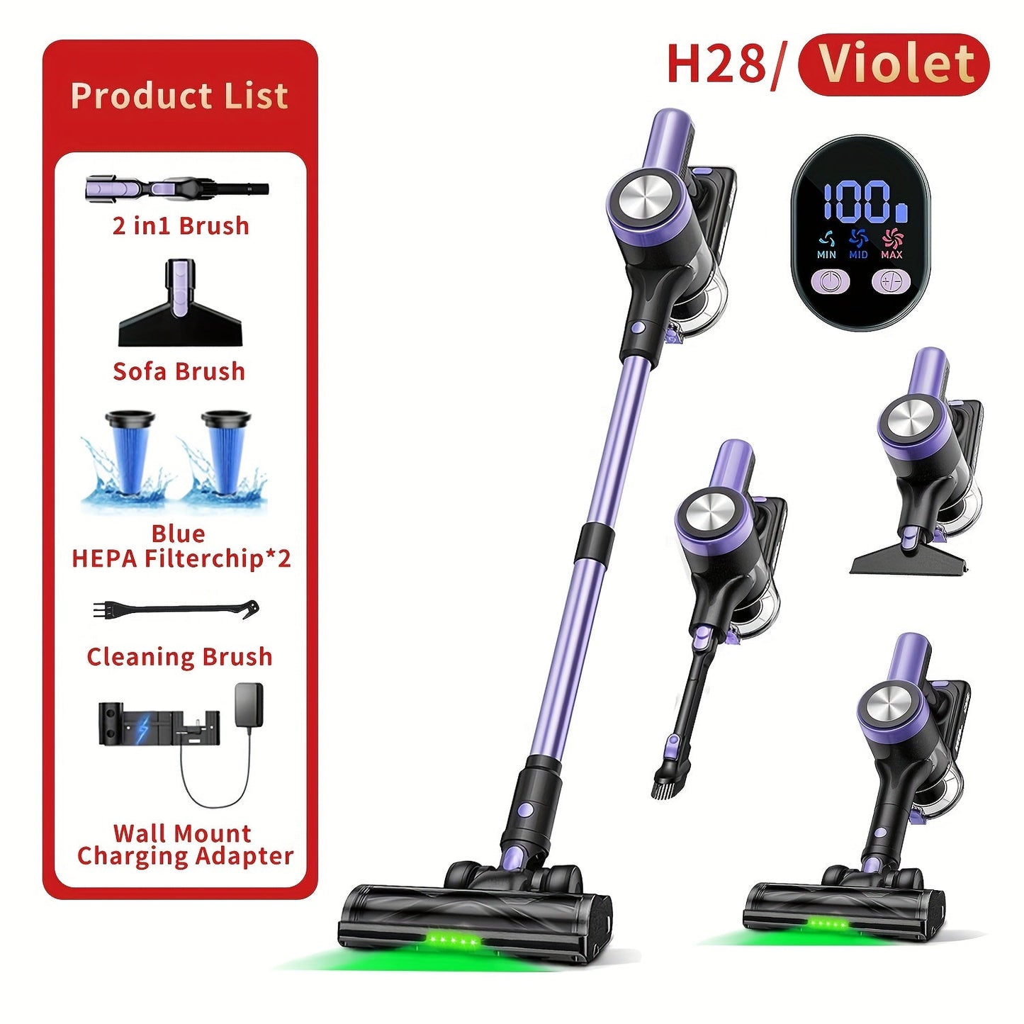 Cordless Stick Vacuum Cleaner 45KPA 8-in-1 with Anti-Tangle Brush Green Light Detection for Carpet Pet Hair Hardwood Tile Floor