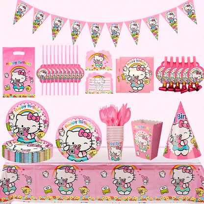 Party Decorations Hello Kitty 139-Piece Pink Birthday Set with Tableware, Banner, Balloons and Tablecloth