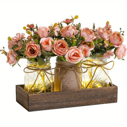 Mason Jar Centerpiece Table Decorations with Wood Tray & LED Lights, 3-Piece Farmhouse Decor Set for Dining Room