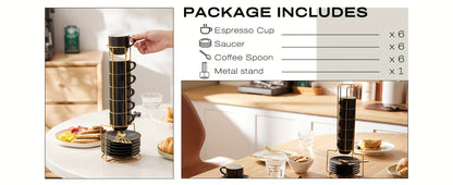 Espresso Cups Set of 6 with Saucers, Spoons & Metal Stand, 4oz Stackable Ceramic Cappuccino Mugs for Double Espresso