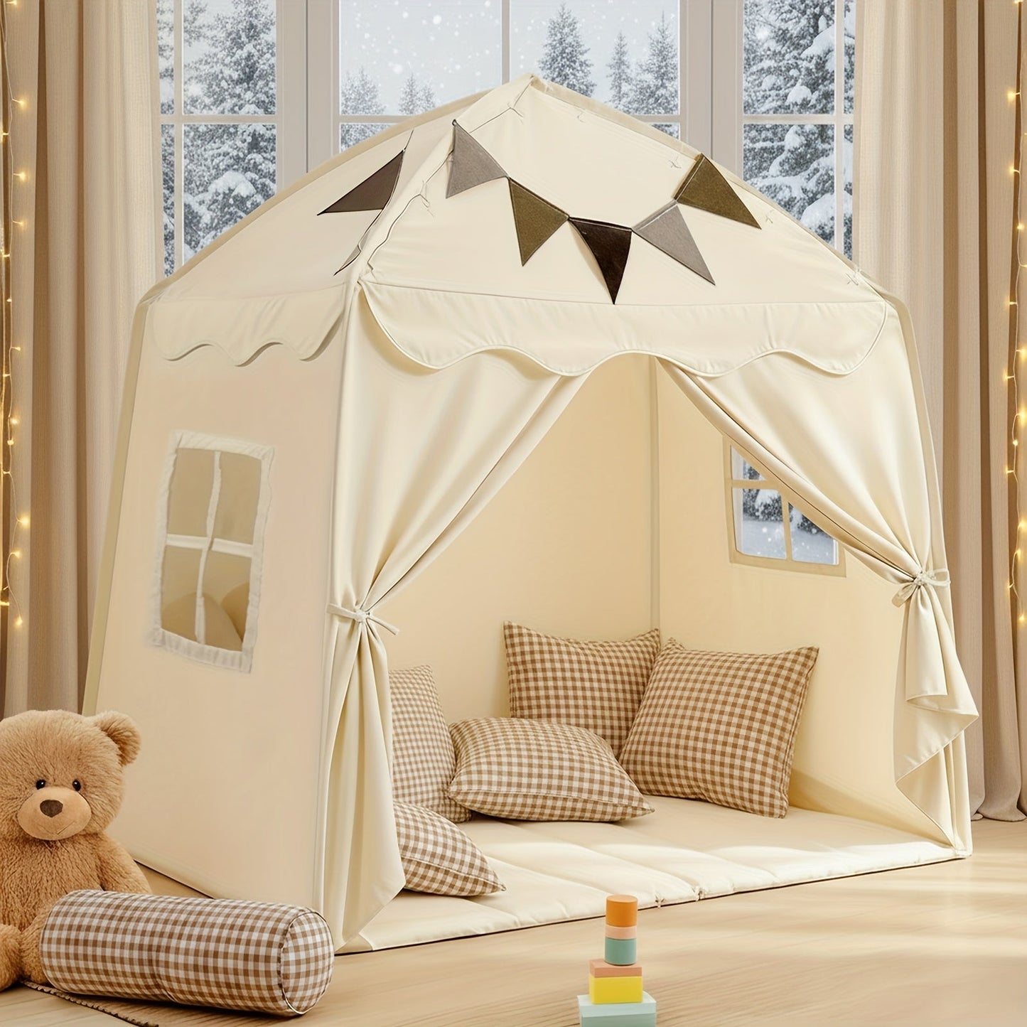 Kids Play Tent with Star Lights & Flags, Extra Large Indoor Outdoor Playhouse with Windows for Reading & Pretend Play