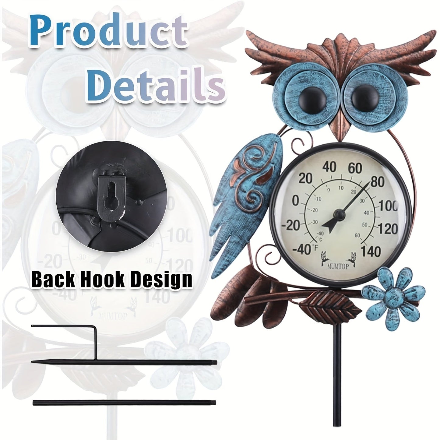 Garden Stake Thermometer 42 Inch Metal Owl Outdoor Wall Thermometer IPX4 Waterproof Patio Yard Decor Art Stake