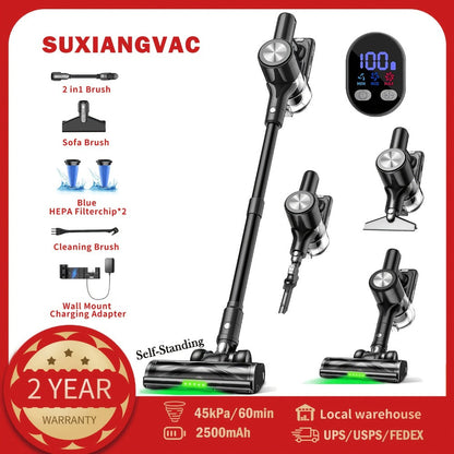 Cordless Stick Vacuum Cleaner 45KPA 8-in-1 with Anti-Tangle Brush Green Light Detection for Carpet Pet Hair Hardwood Tile Floor