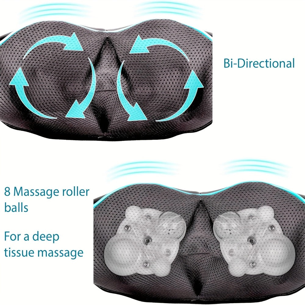 Black Shiatsu Neck and Shoulder Massage Pillow with Heat, 8 Kneading Rollers, 15-Minute Auto-Off and Home or Car Power