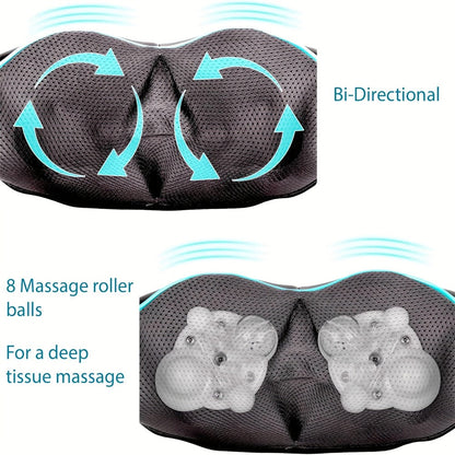 Black Shiatsu Neck and Shoulder Massage Pillow with Heat, 8 Kneading Rollers, 15-Minute Auto-Off and Home or Car Power