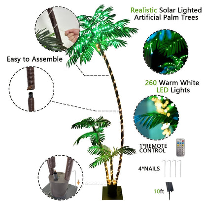 Solar Palm Tree Light 7ft 260 LED Outdoor Patio Tropical Decor Waterproof