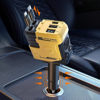 120W Fast Car Charger 4-in-1 with Retractable PD 3.0 Type-C Cable & Multi-Port USB Adapter