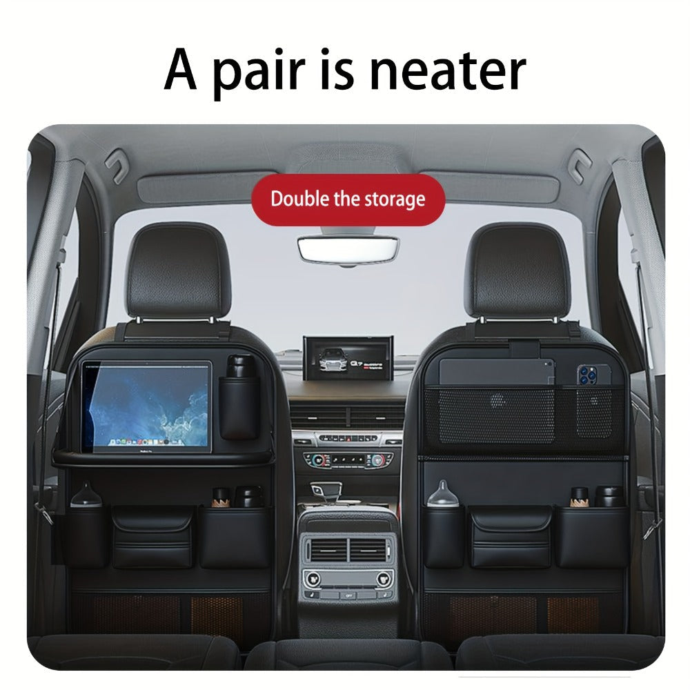Car Backseat Organizer with Foldable Table Tray & Tablet Holder – PU Leather Seat Back Protector Kick Mat