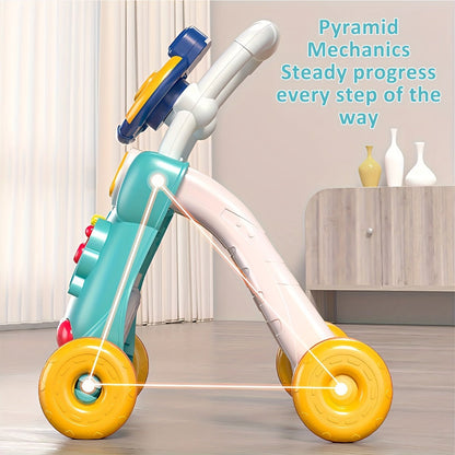 Musical Baby Walker Toy with Anti-Rollover Safety, Multi-Function Sit-to-Stand Activity Center for Early Walking Development